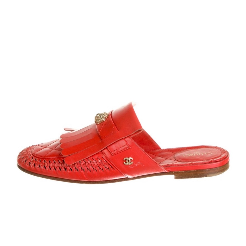 SOLD! CHANEL Red Leather Mules with Fringe Detail